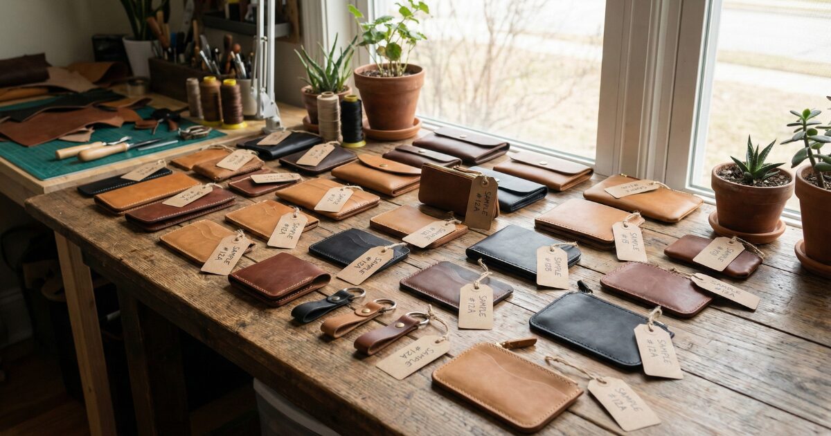 少量のサンプル商品が並ぶテーブル