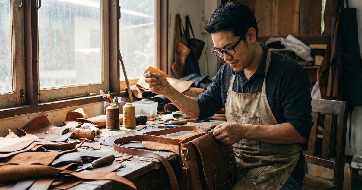タイの工房で革製品を作る職人